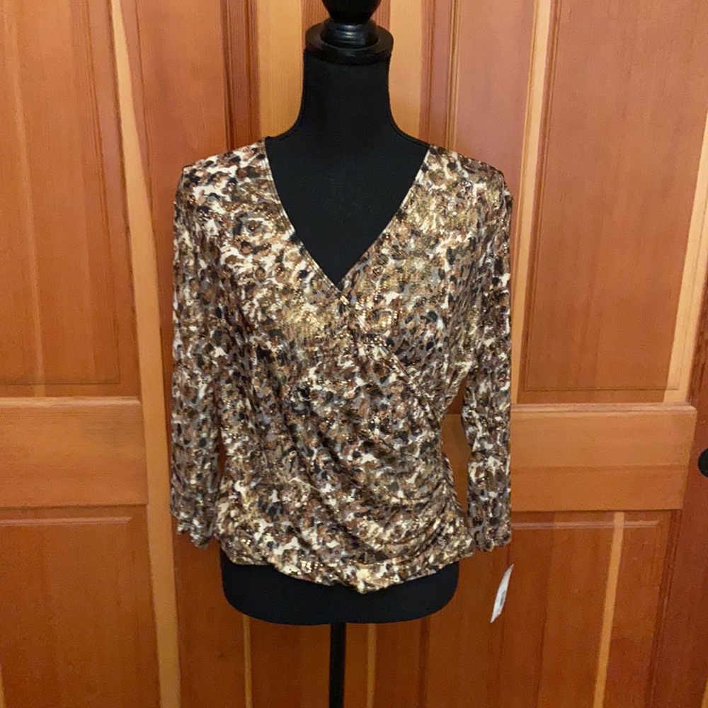 JBS Blouse NEW VINTAGE black Gold Tan Silky Elegant NWT